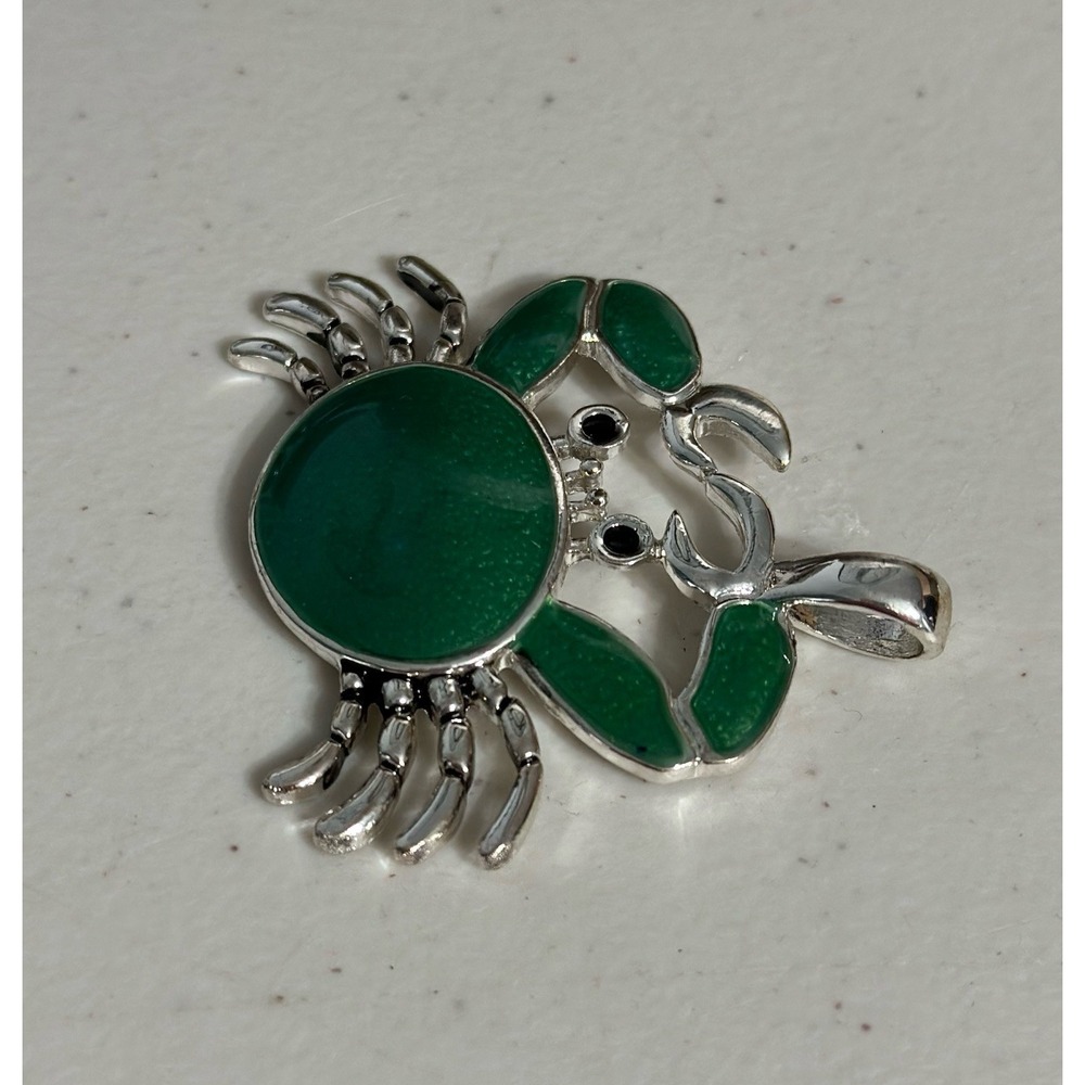 Green Enamel Crab Pendant Silver Tone Beach Nautical Ocean Sea Charm Large NEW - Picture 2 of 5